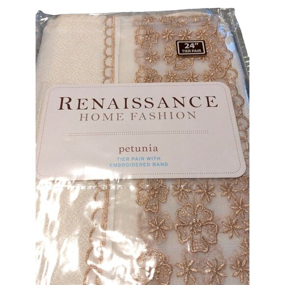 Renaissance Petunia Kitchen Curtain Tier Pair Embroidered Band Beige 56in x 24in - Picture 6 of 7